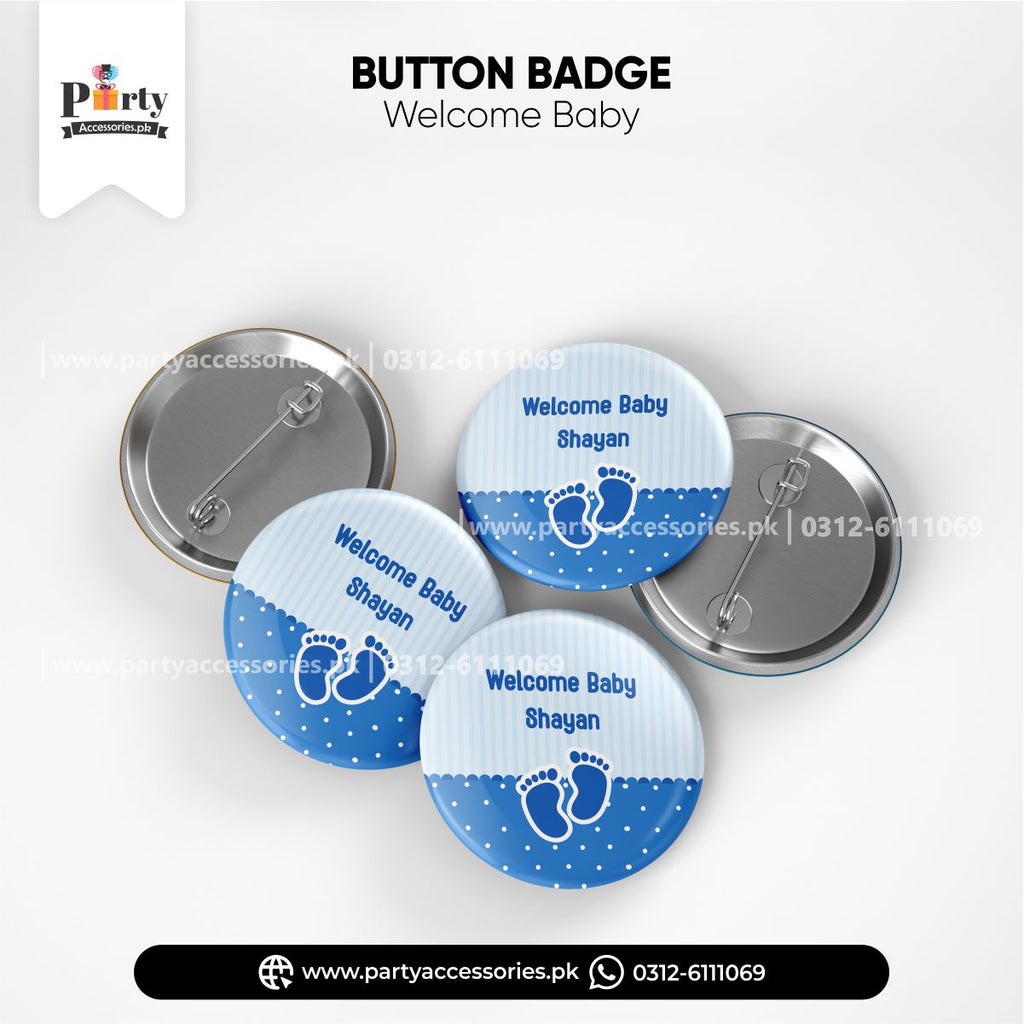 Welcome baby decoration ideas customized button badges in blue decoration ideas