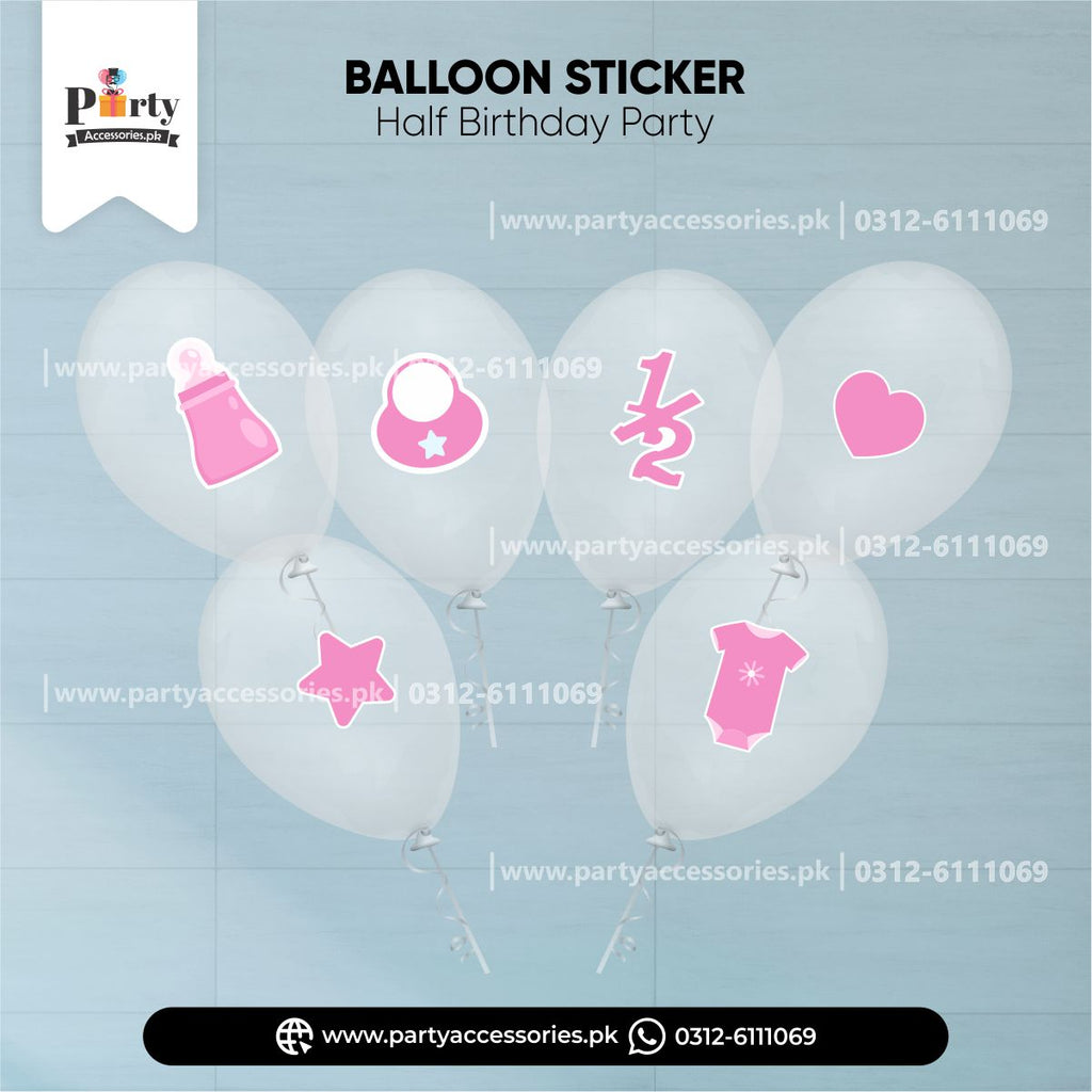 half birthday theme transparent balloons wiith stickers in pink