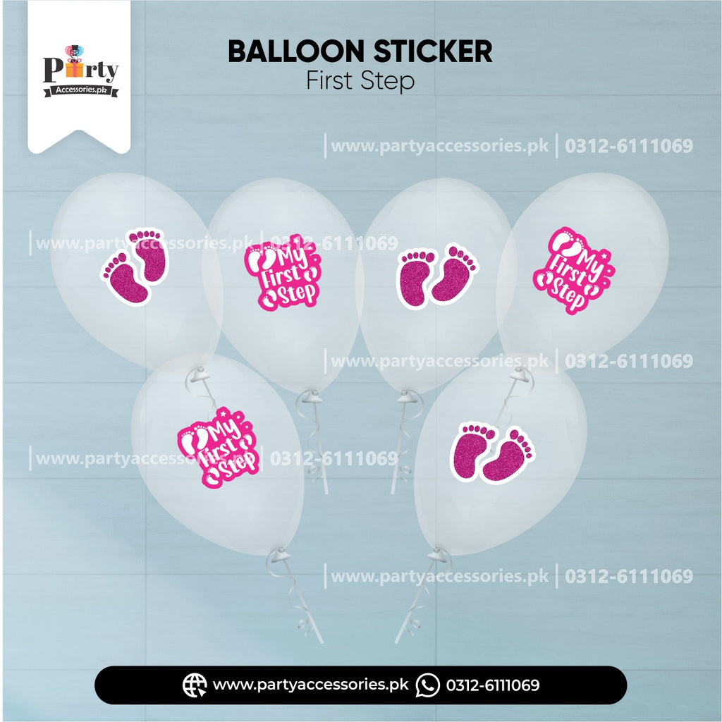 transparent balloons with stickers in pink for baby girl first step decorations