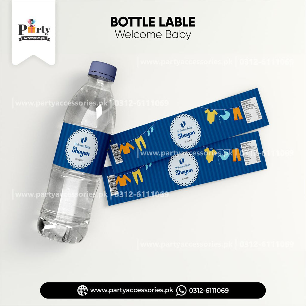 Welcome baby decoration ideas | Customized bottle label wraps in blue pinterest ideas
