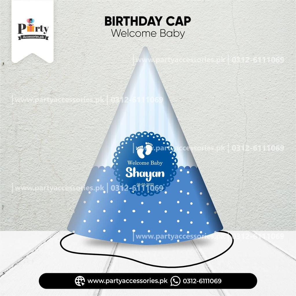 Welcome baby celebration ideas | Customized cone caps in blue for boy ideas pinterest
