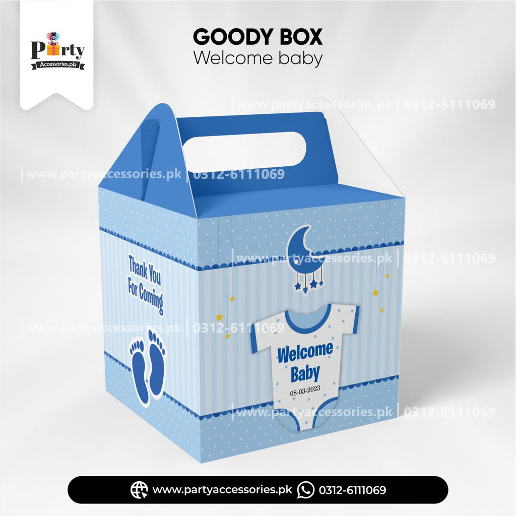 Welcome baby celebration ideas | Customized giveaway Favor / Goody Boxes in blue pinterest ideas