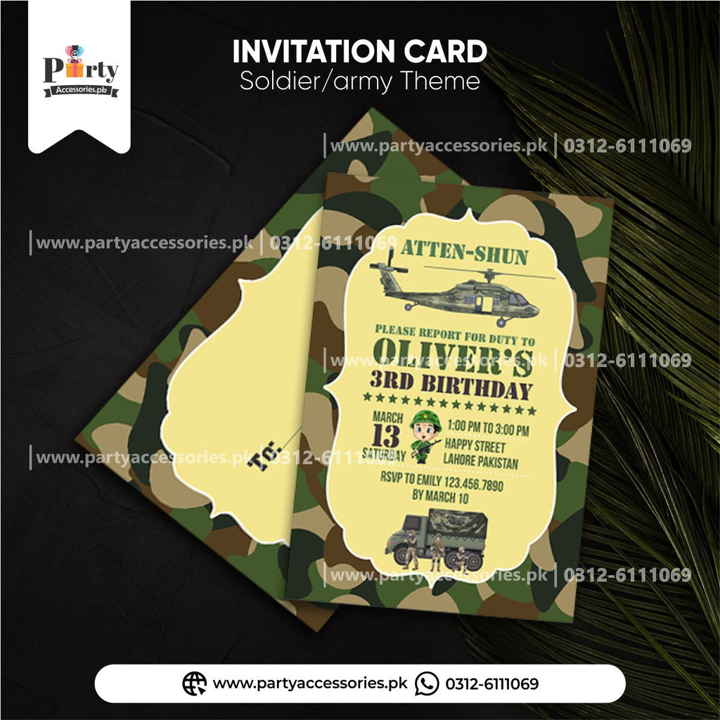 army soldier theme birthday party invitations cards 