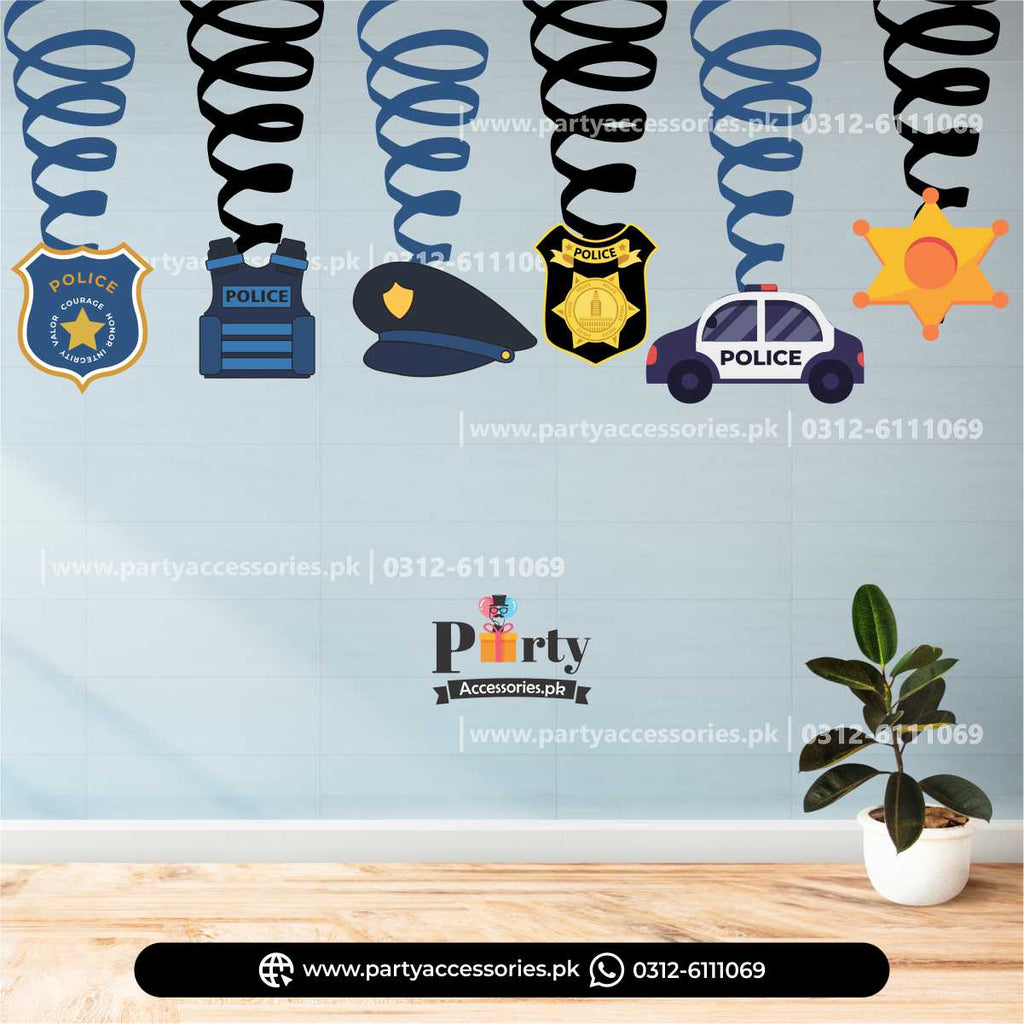 police theme birthday party swirl hangings