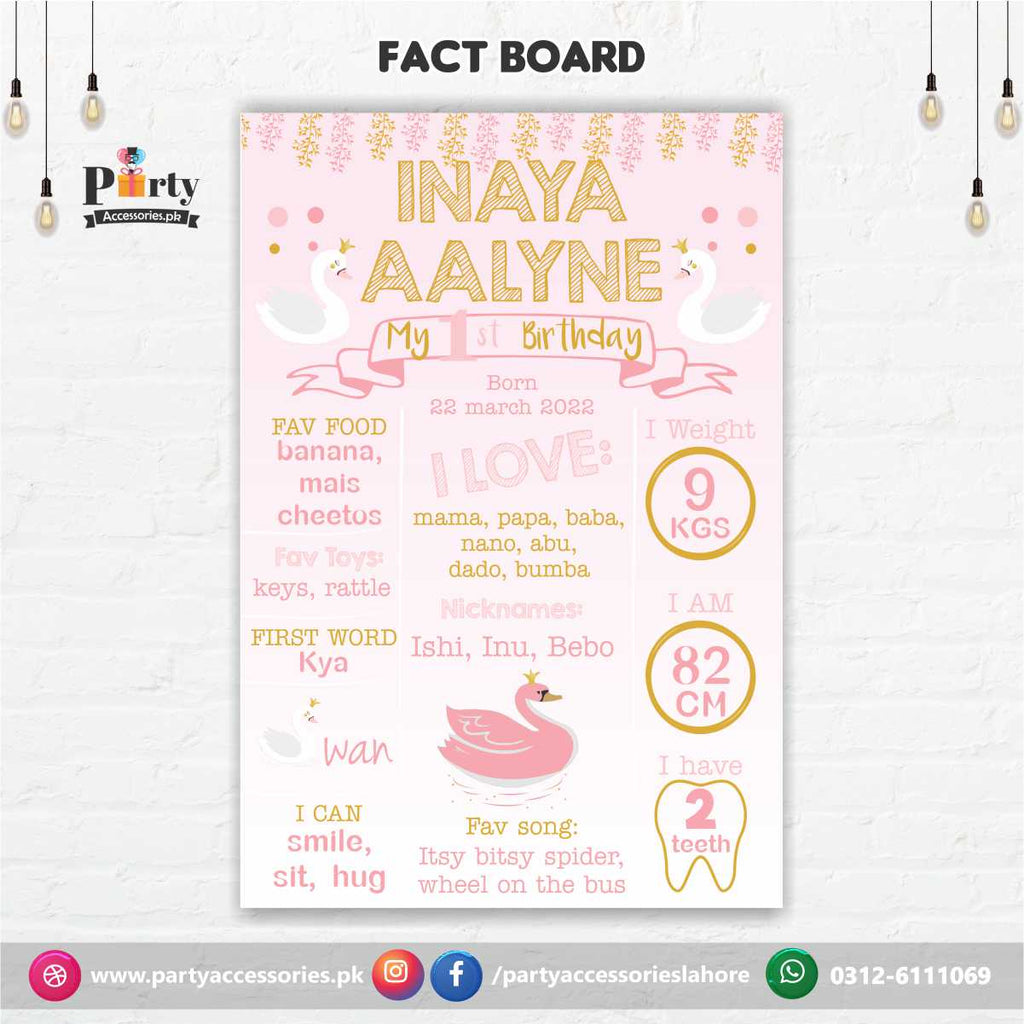 Swan theme first birthday Fact board / Milestone Board