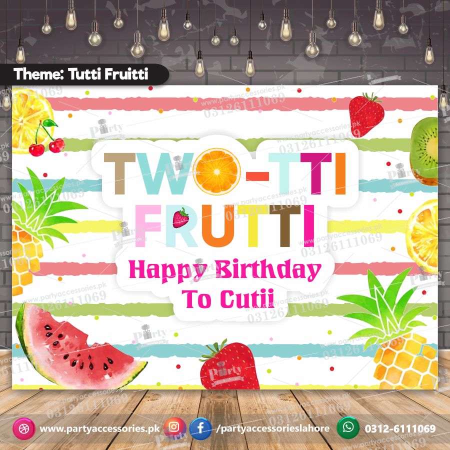 Customized Tutti frutti Theme Birthday Party Backdrop with multi stripes