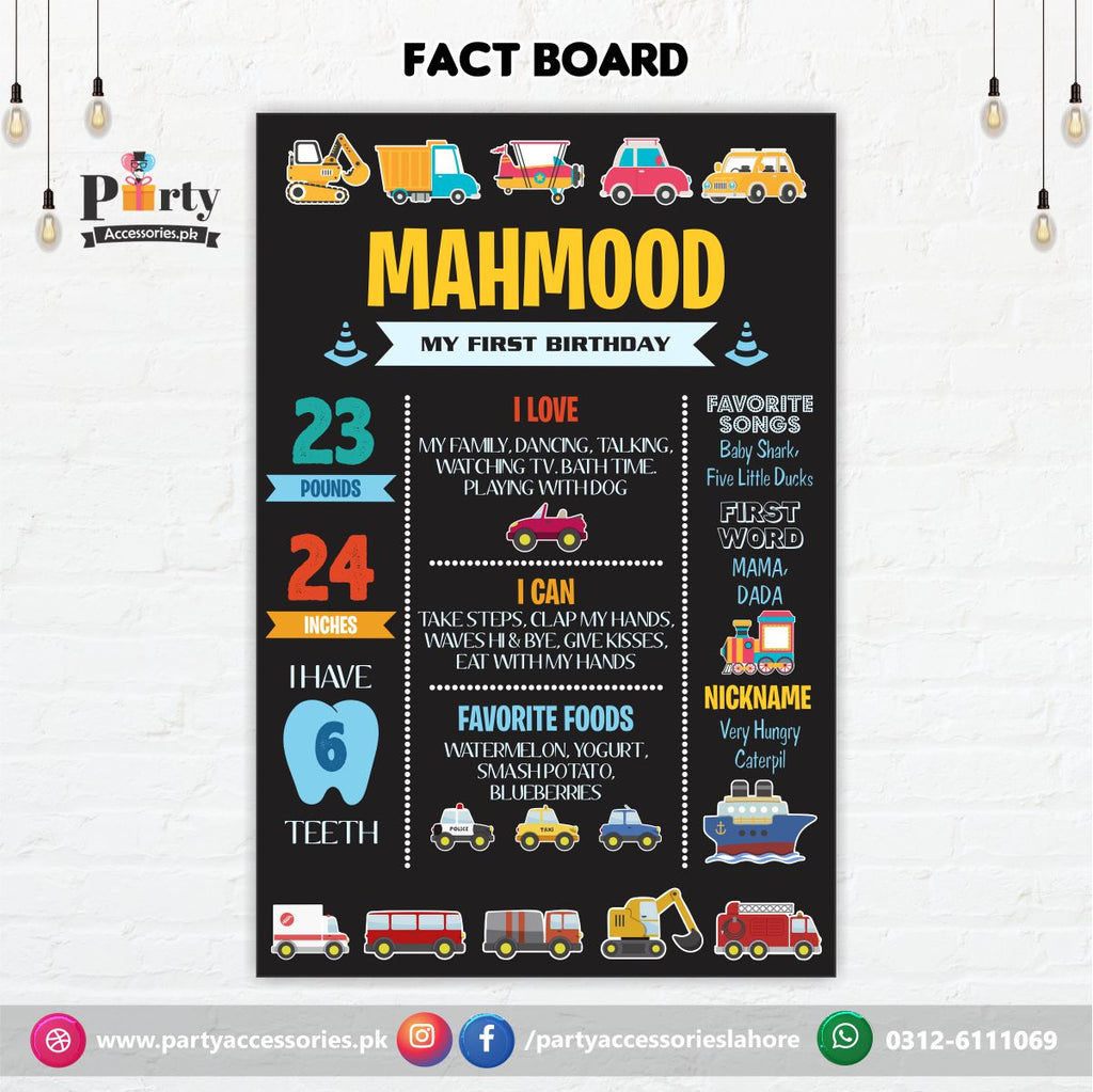 Customized Transport Theme First Birthday Fact board / Milestone Board in Black