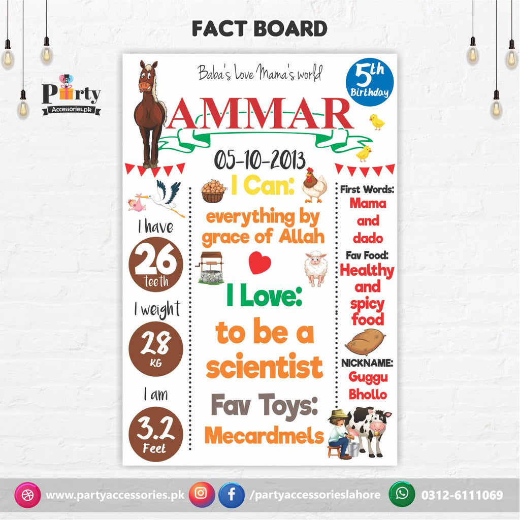 Customized Farm animals theme birthday Fact board / Milestone Board