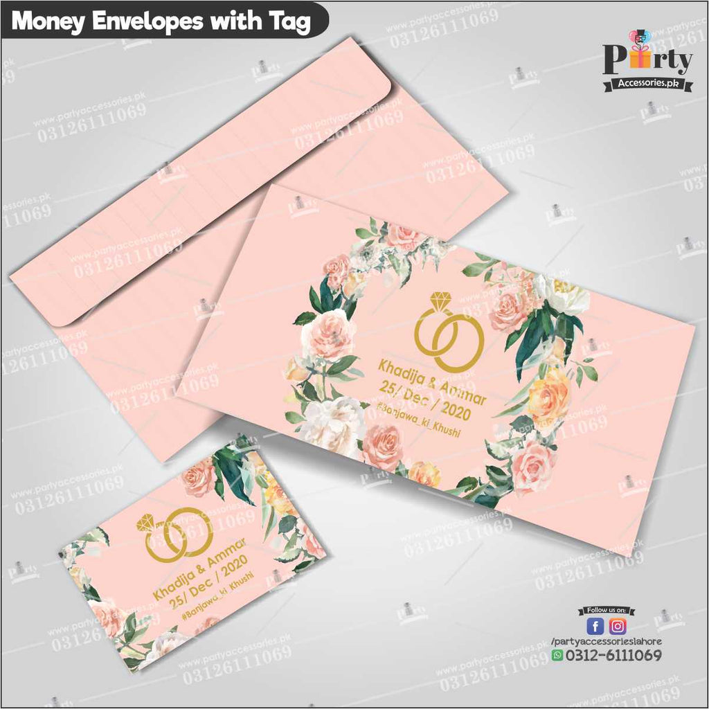 Customized Money Envelopes with gift tags pink floral rings