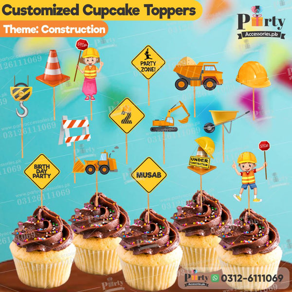 Construction theme birthday party cupcake toppers set