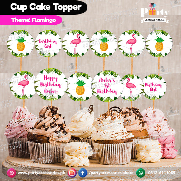 flamingo theme birthday cupcake toppers set round