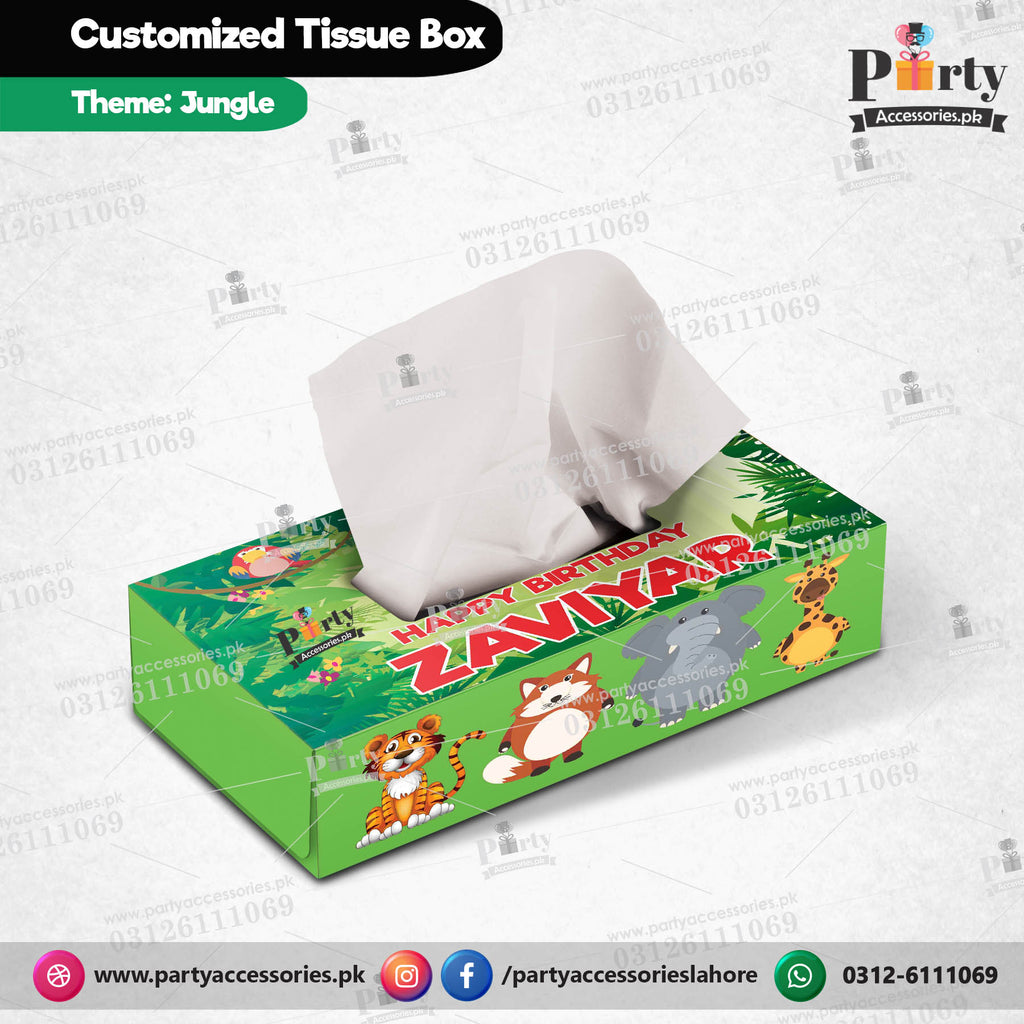 Customized Tissue Box in Jungle safari theme birthday table Decor