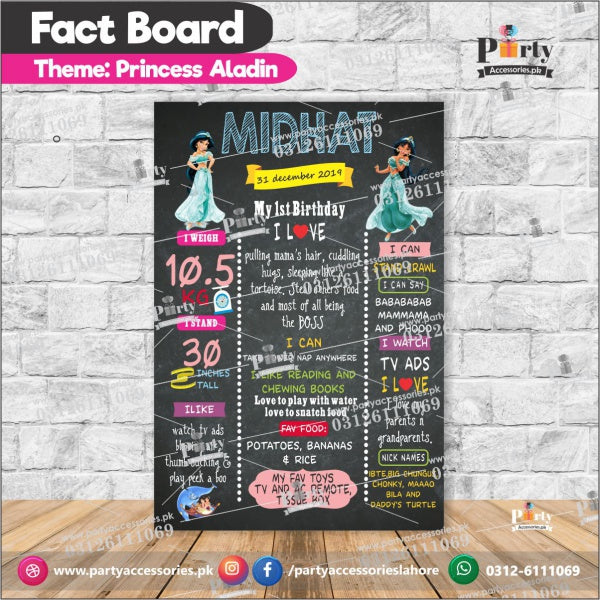 Customized Aladdin Princess theme first birthday Fact board / Milestone Board
