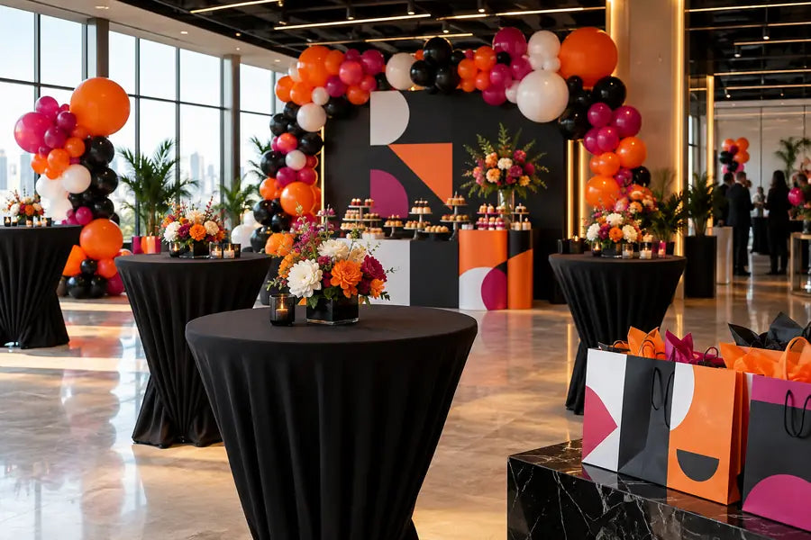 Customized corporate event décor and branded celebration setup