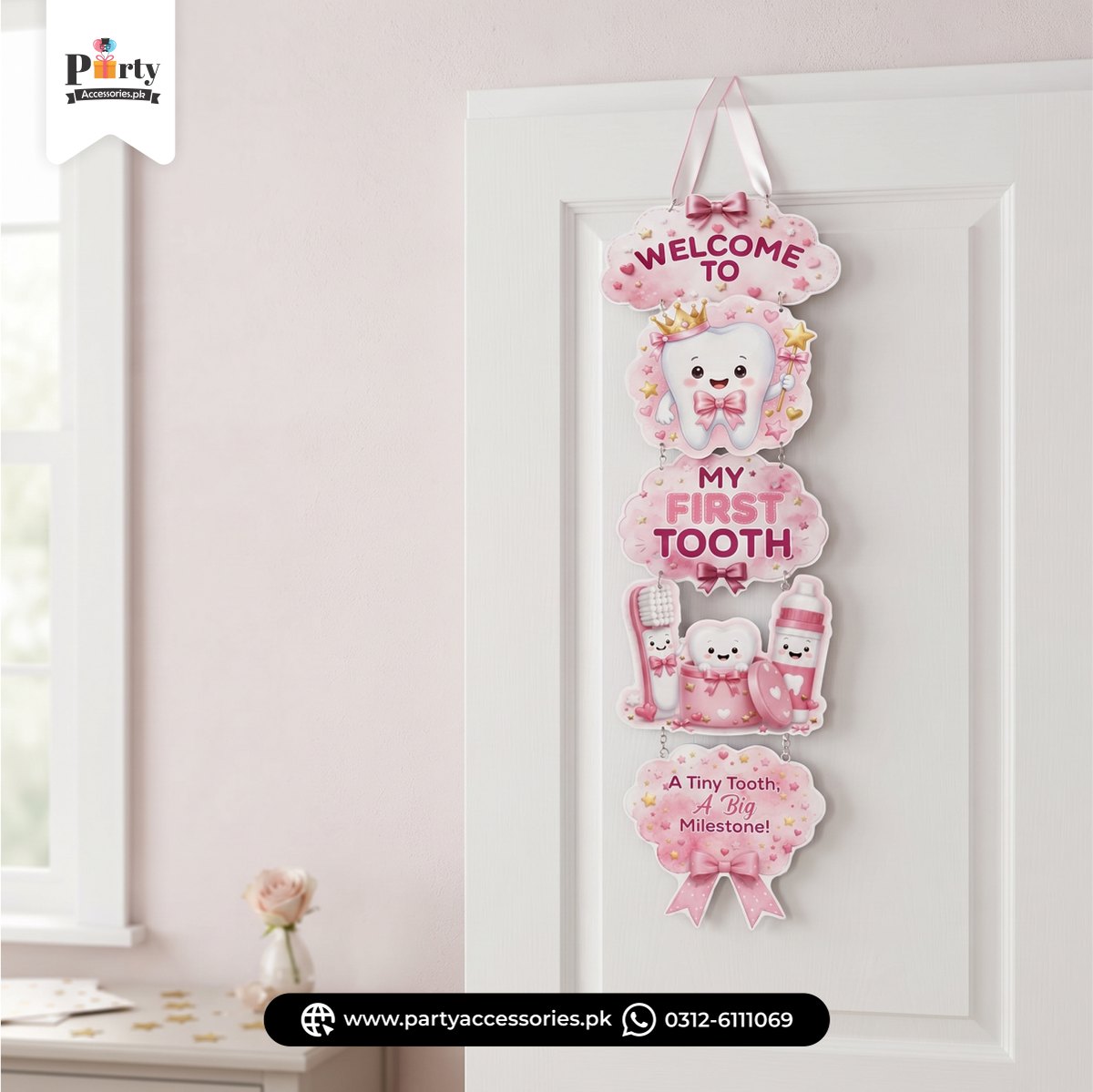 First Tooth Girl Door & Wall Hanging Decoration – Baby Milestone Party Decor