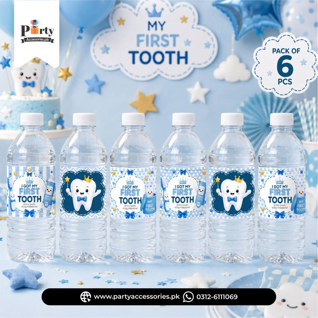 First tooth party table decoration bottle labels for boy | Pack of 6