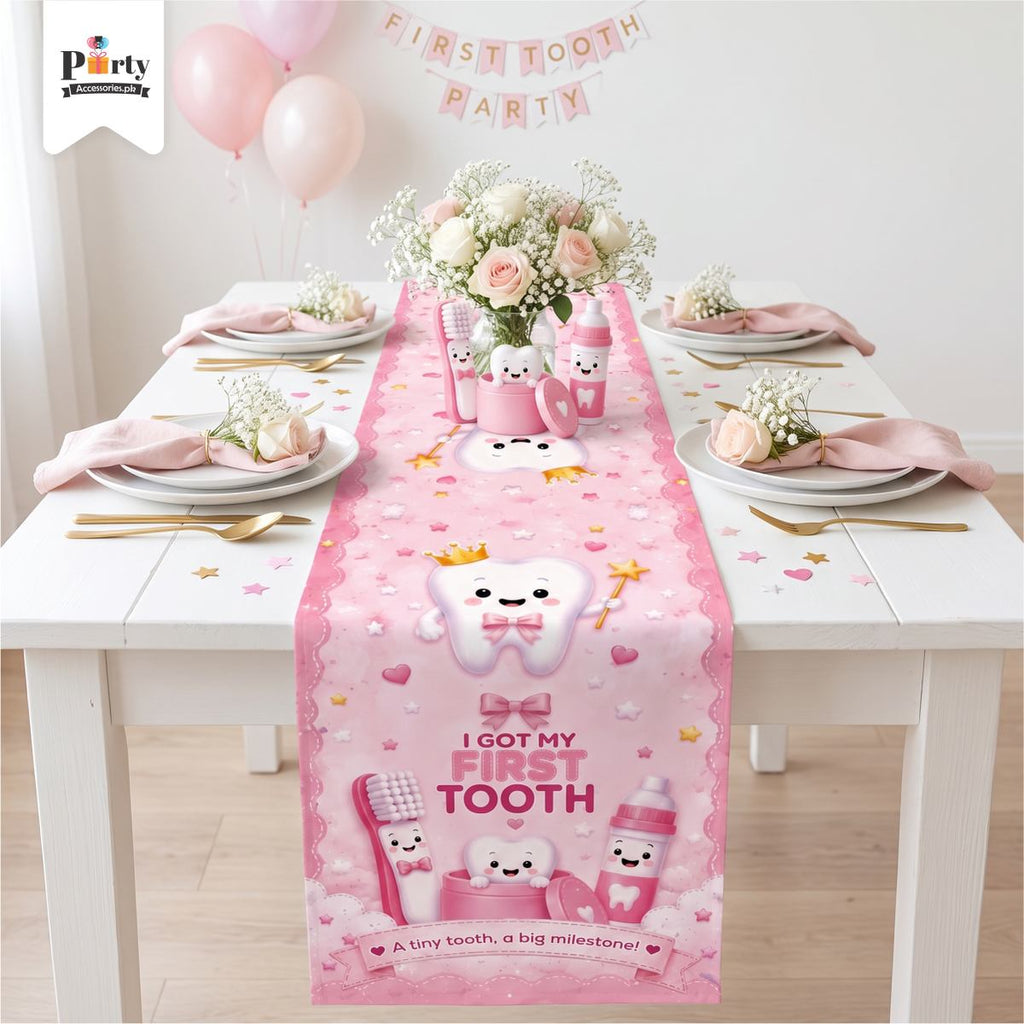 First Tooth Girl Theme Table Runner – Baby Milestone Party Decoration
