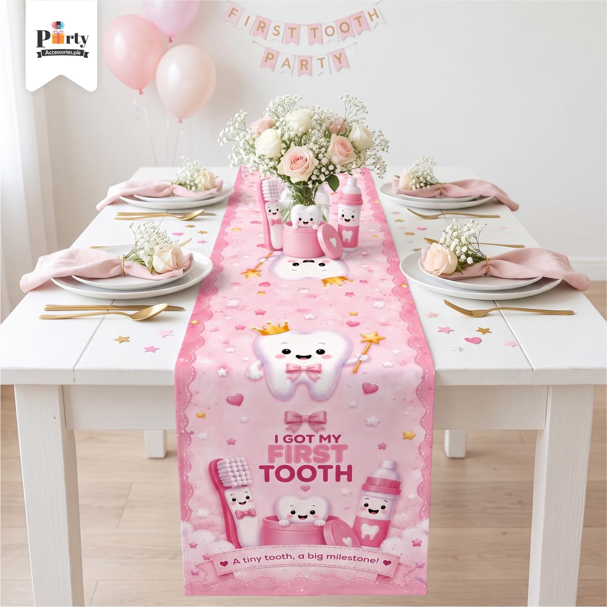 First Tooth Girl Theme Table Runner – Baby Milestone Party Decoration