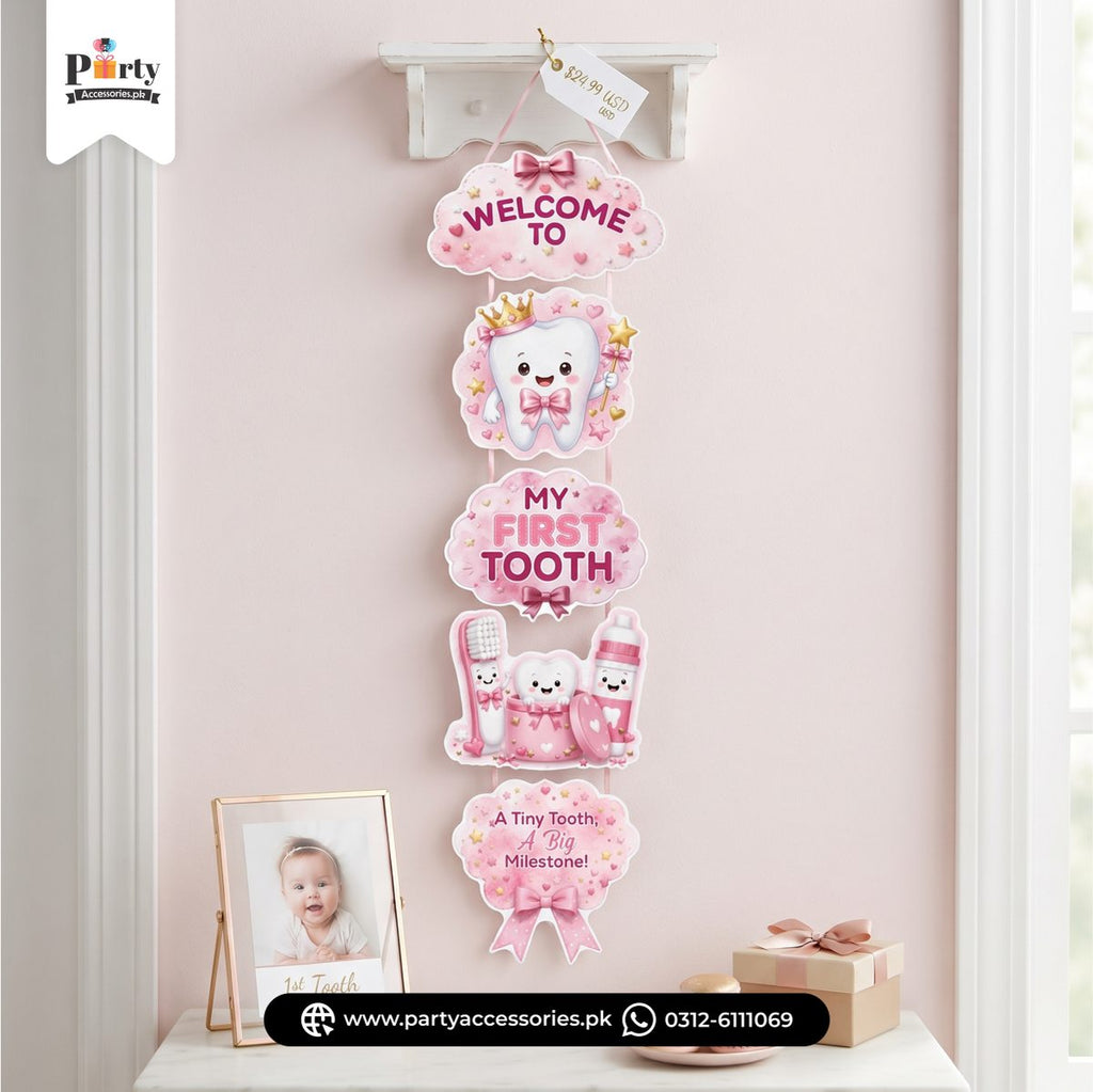 Welcome to My first tooth party decoration door hanging 