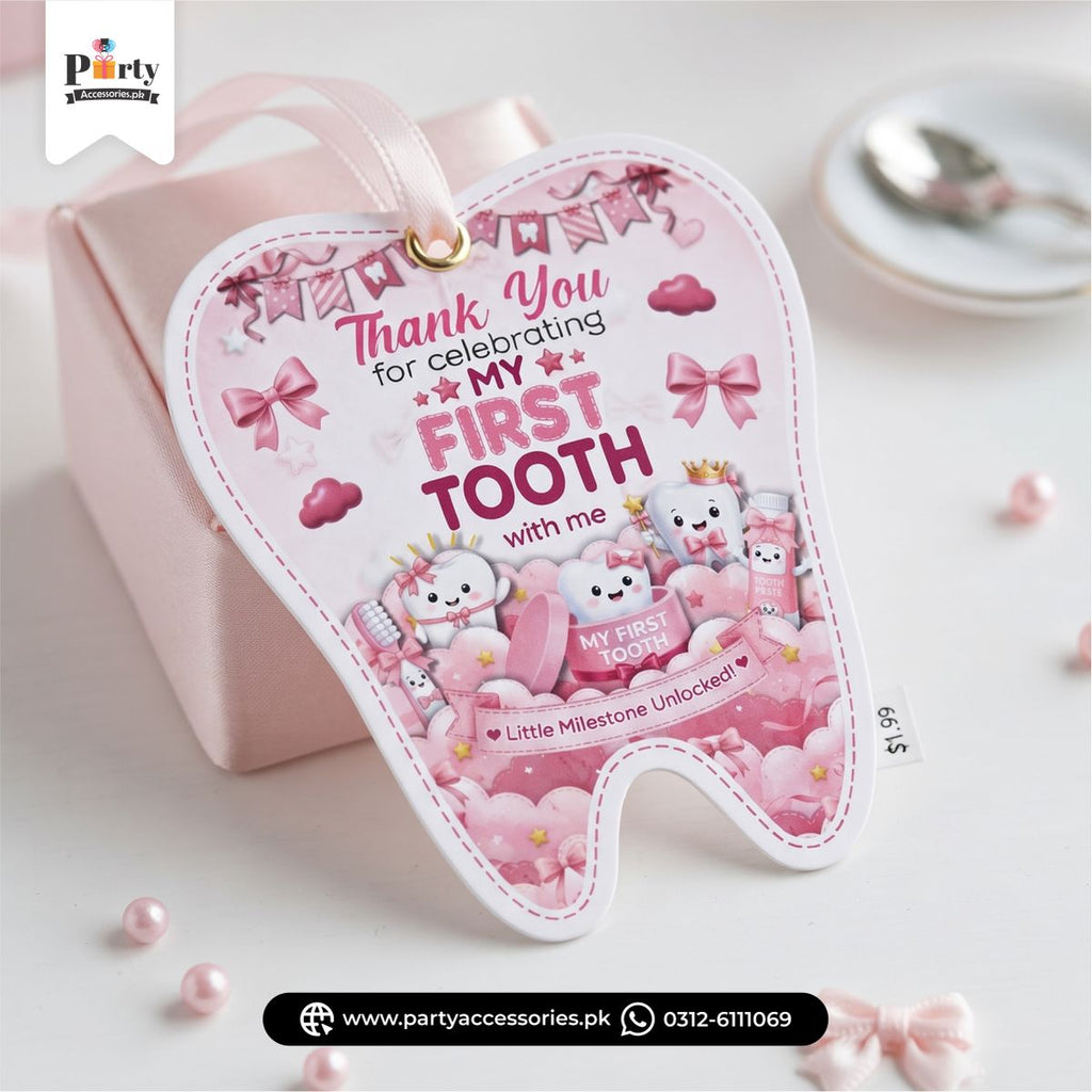 First tooth shape thank you tags for Girl in Pink