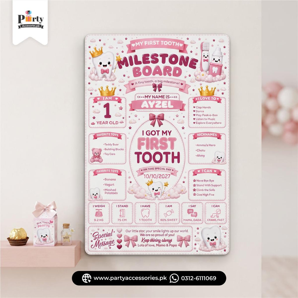 Personalized My First Tooth Milestone Board – Baby Girl First Tooth Party Decor