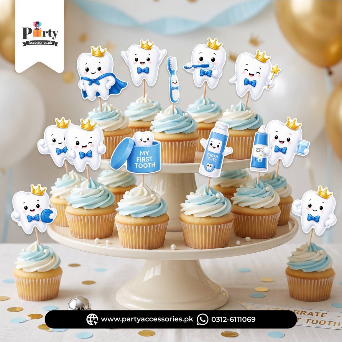 First tooth cupcake toppers set | first tooth table decoration for Boy in Blue