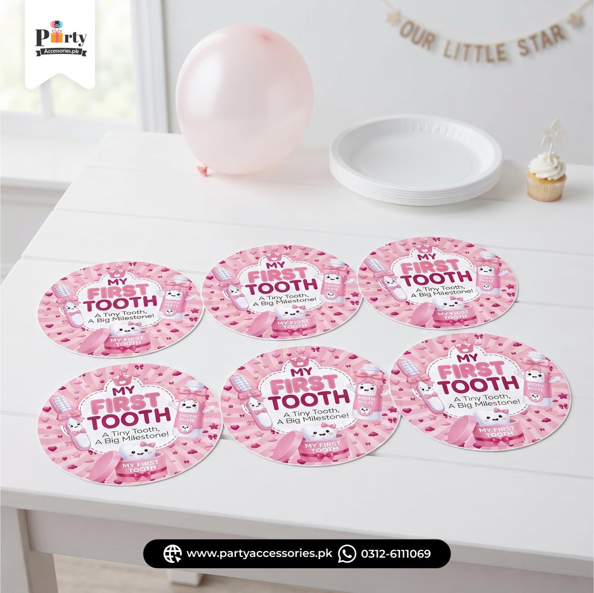 Disposable plates labels for first tooth girl party decoration