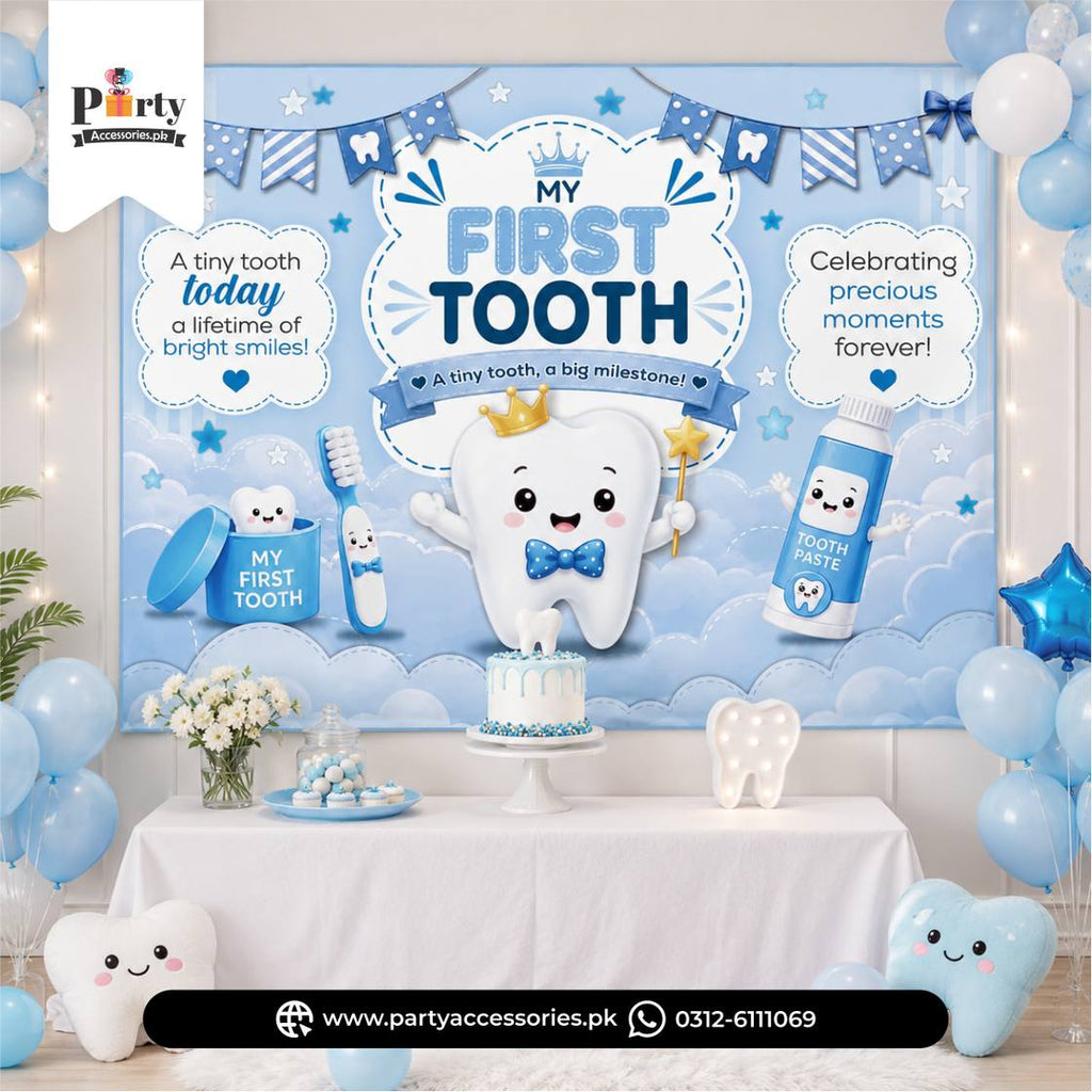 First tooth party celebration backdrop Customized with your baby Boy's name and picture