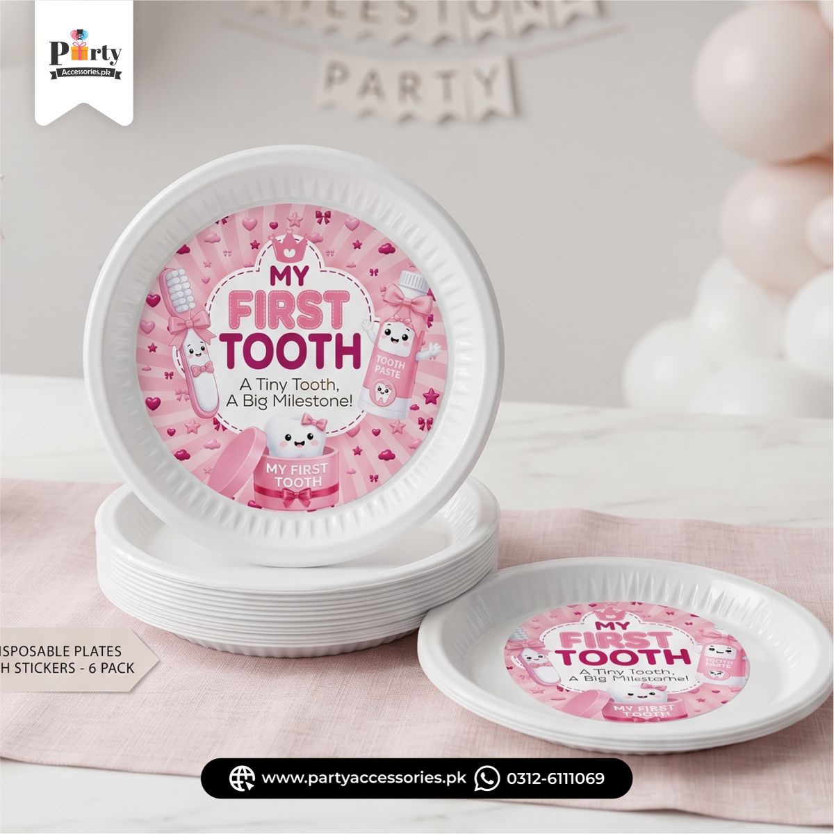 First tooth table decorations | 6 disposable plates in Pink