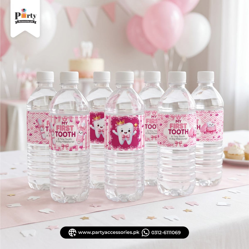 first tooth bottle labels in pink 