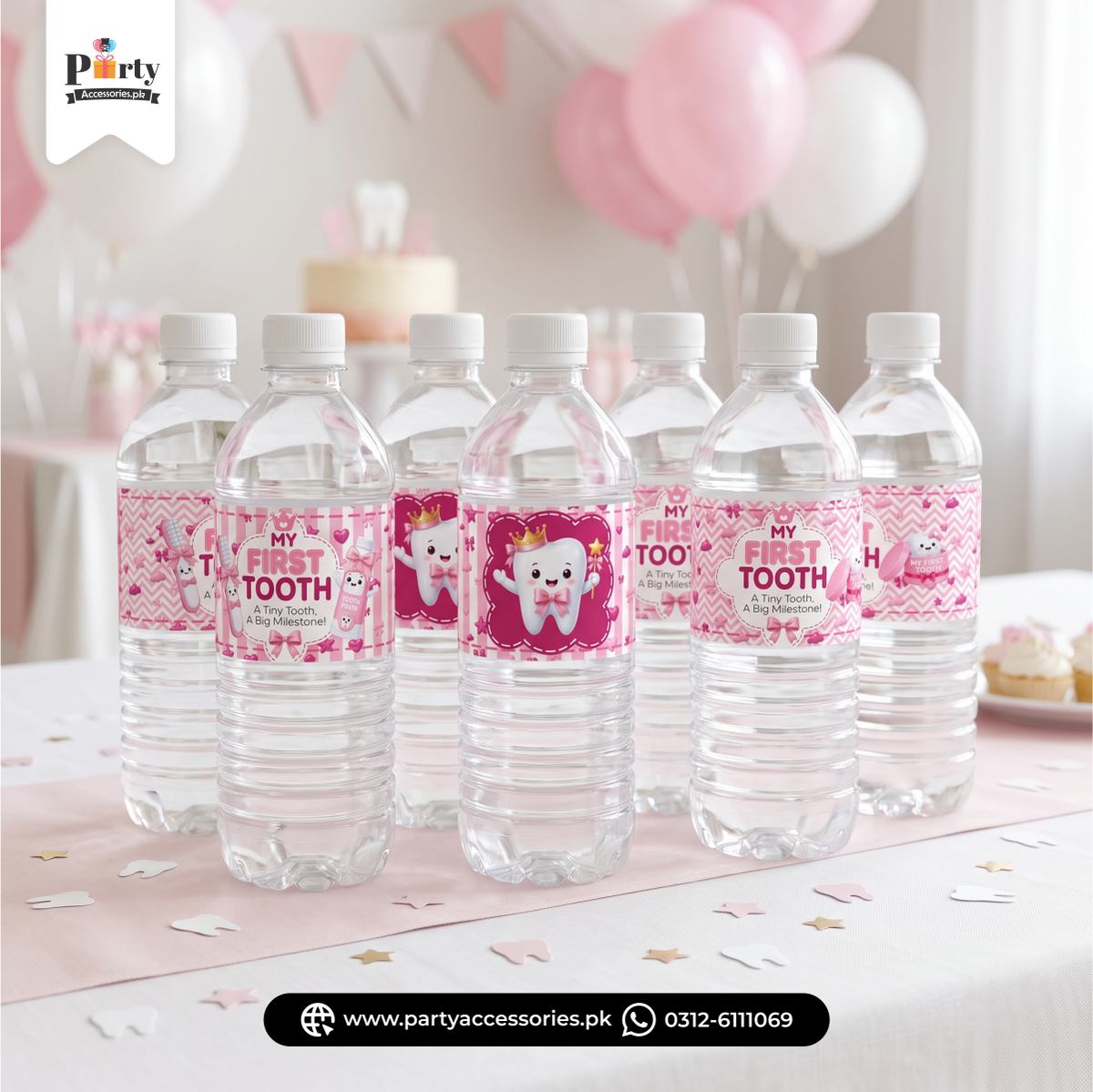 first tooth bottle labels in pink 