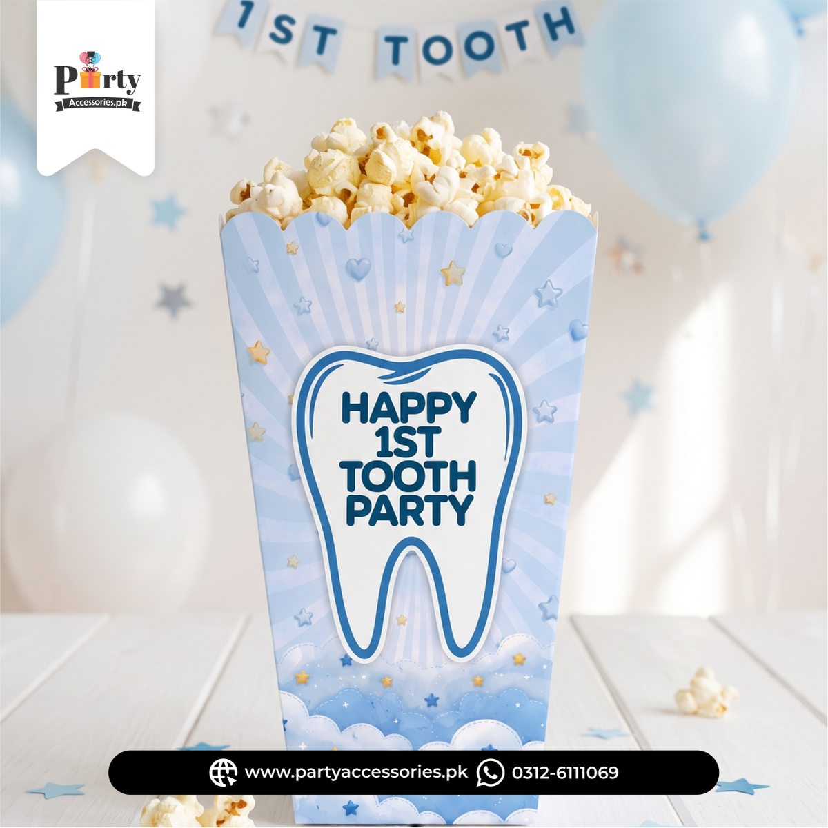 First tooth celebration pinterest Popcorn holder boxes in blue | Pack of 6