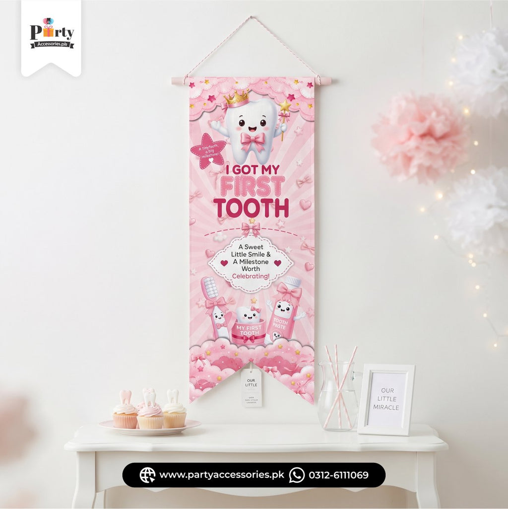 First Tooth Girl Roman Wall Hanging Banner – Baby Milestone Party Decoration