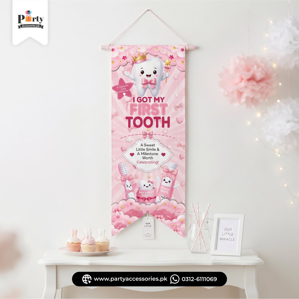 First Tooth Girl Roman Wall Hanging Banner – Baby Milestone Party Decoration