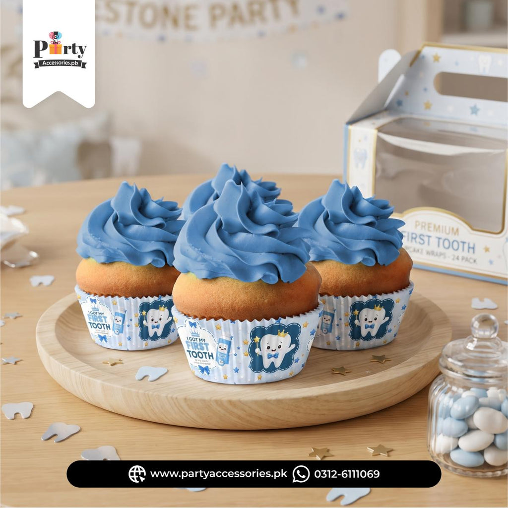 Customized Cupcake Wraps for First Tooth Boy Party