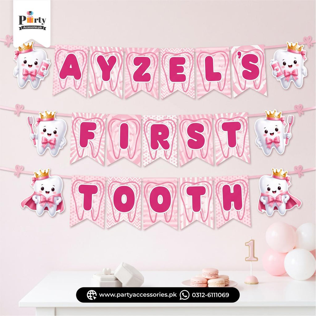 First Tooth Girl Personalized Name Bunting Banner – Baby Milestone Party Decoration