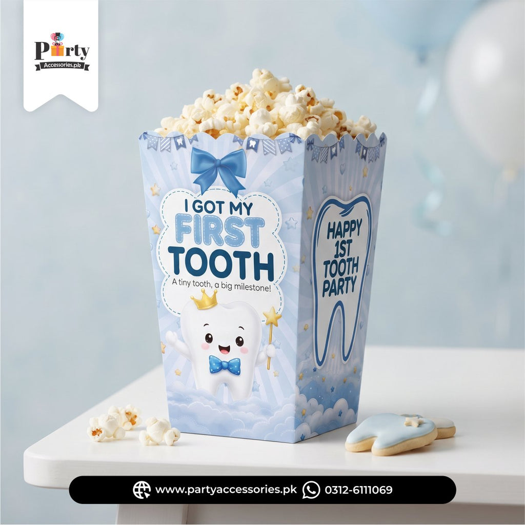 First tooth celebration ideas Popcorn holder boxes in blue 