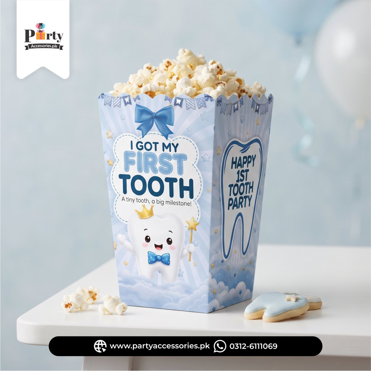 First tooth celebration ideas Popcorn holder boxes in blue 