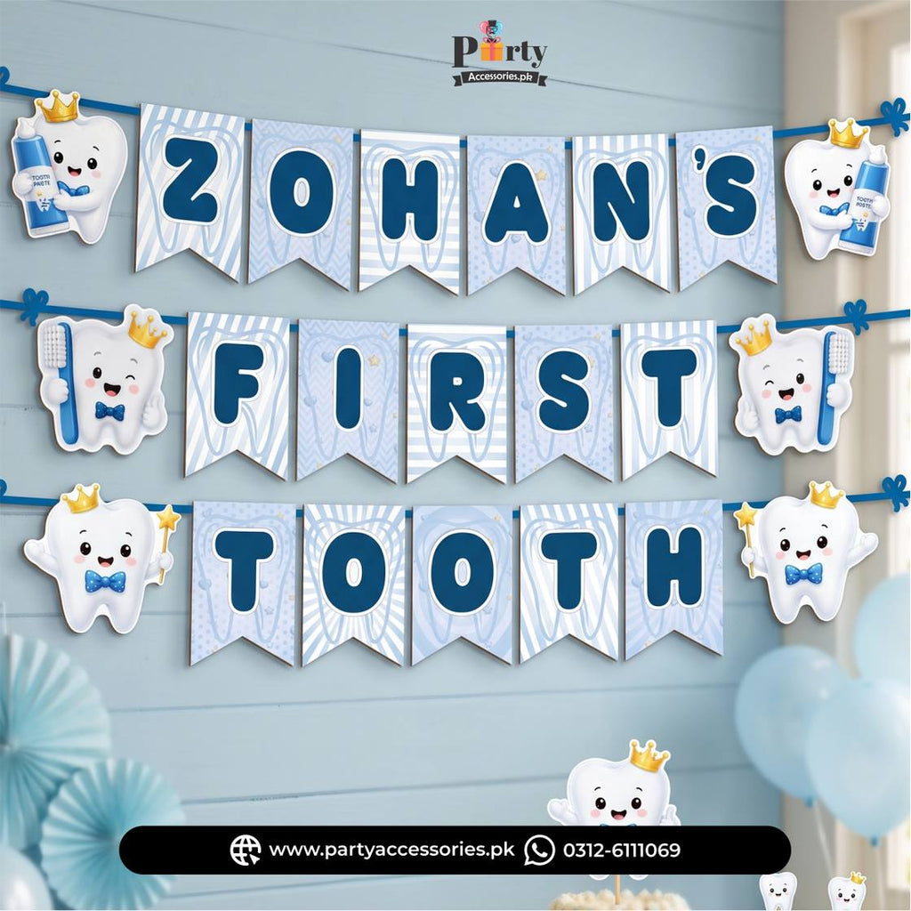 First Tooth Theme Personalized Name Bunting Banner – Wall Party Decoration