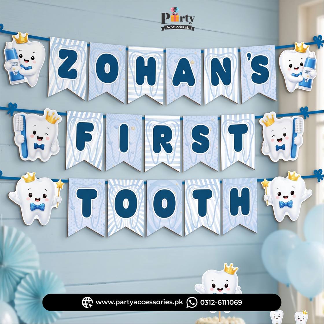 First Tooth Theme Personalized Name Bunting Banner – Wall Party Decoration