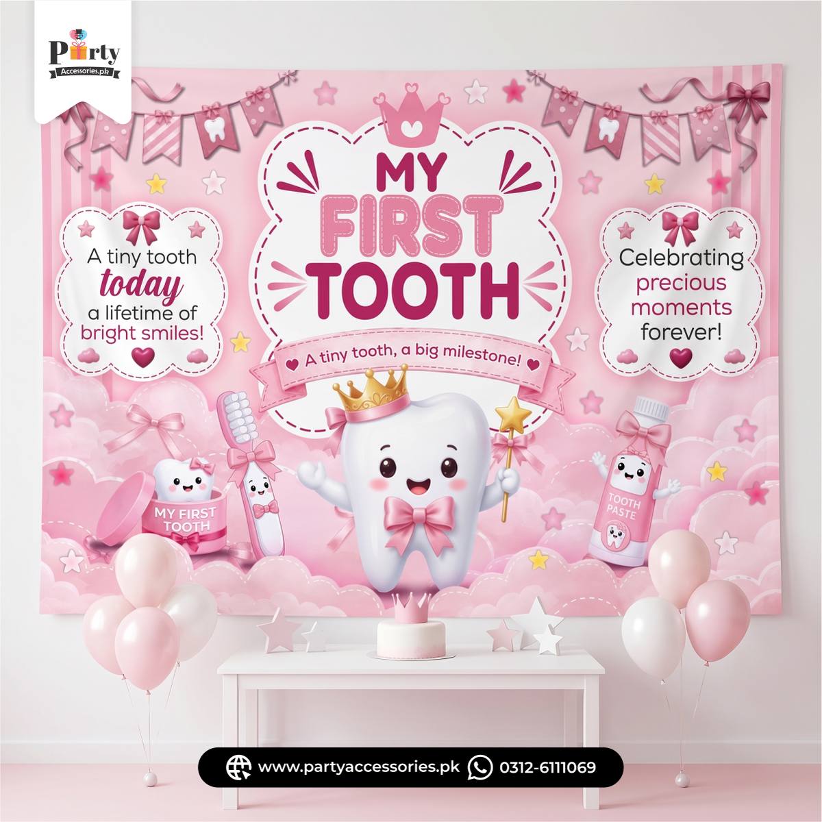 First tooth party Backdrop in pink