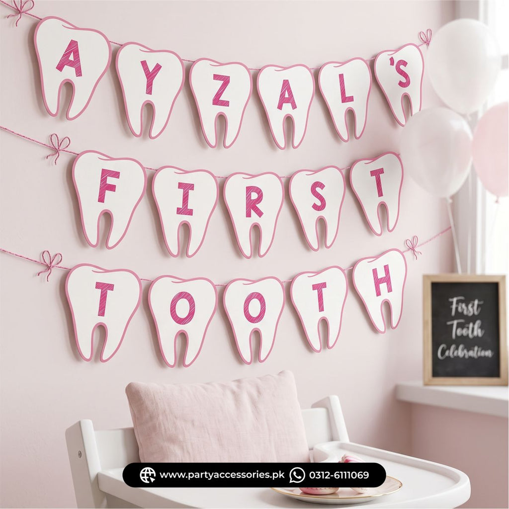 customized first tooth party banner for baby girl in pink | first tooth ideas