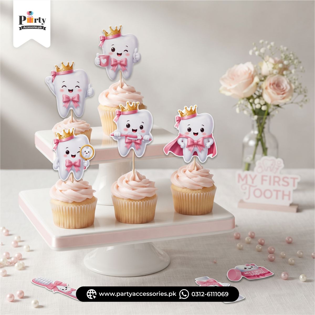 Customized Cupcake toppers for the First tooth Party Celebration table decor