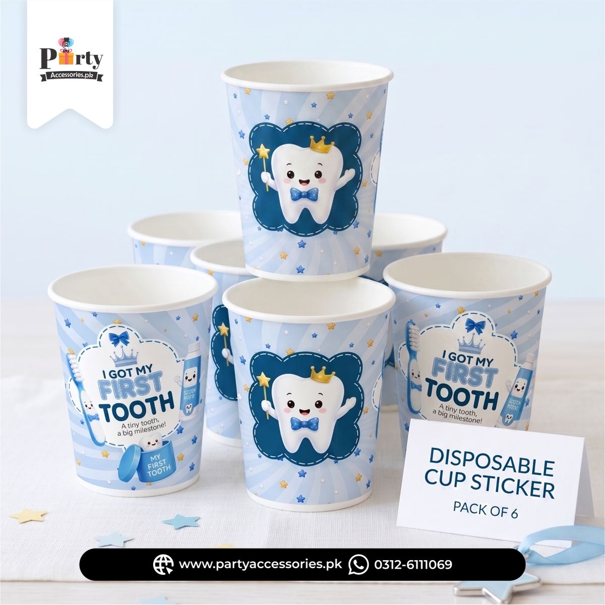 First tooth table decorations | 6 disposable Paper cups in Blue