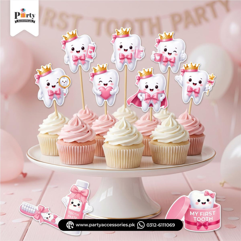 first tooth cupcake toppers in pink