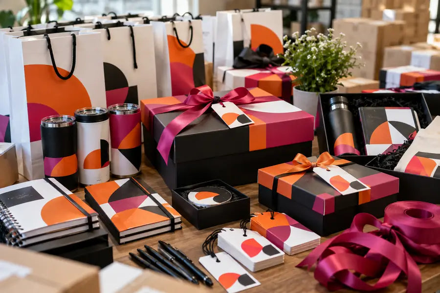Customized branded gifts and packaging prepared for a bulk order