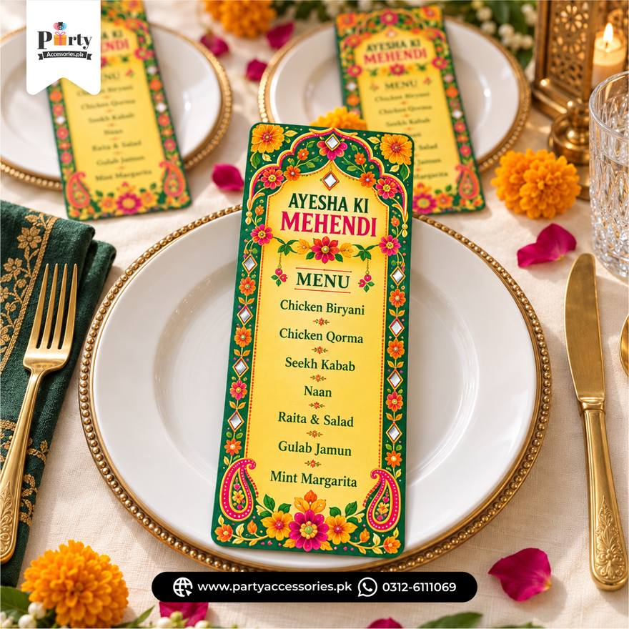 Mehendi Theme Customized Menu Cards – Table Decoration