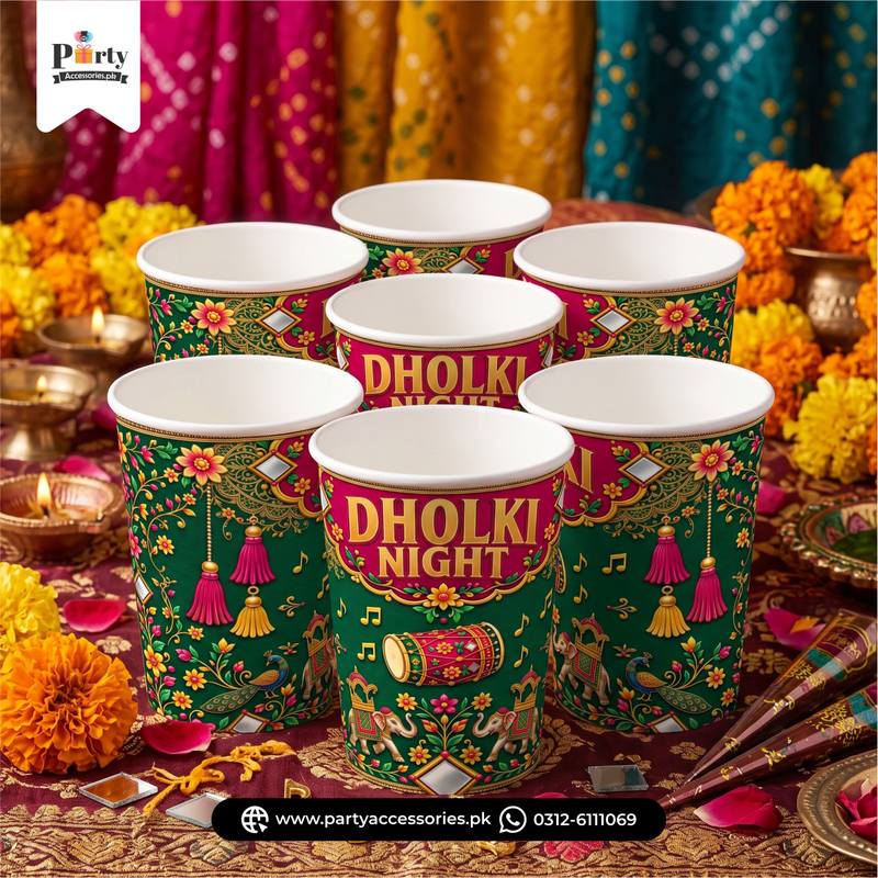 Dholki Night Decoration Disposable Cups with Sticker Labels