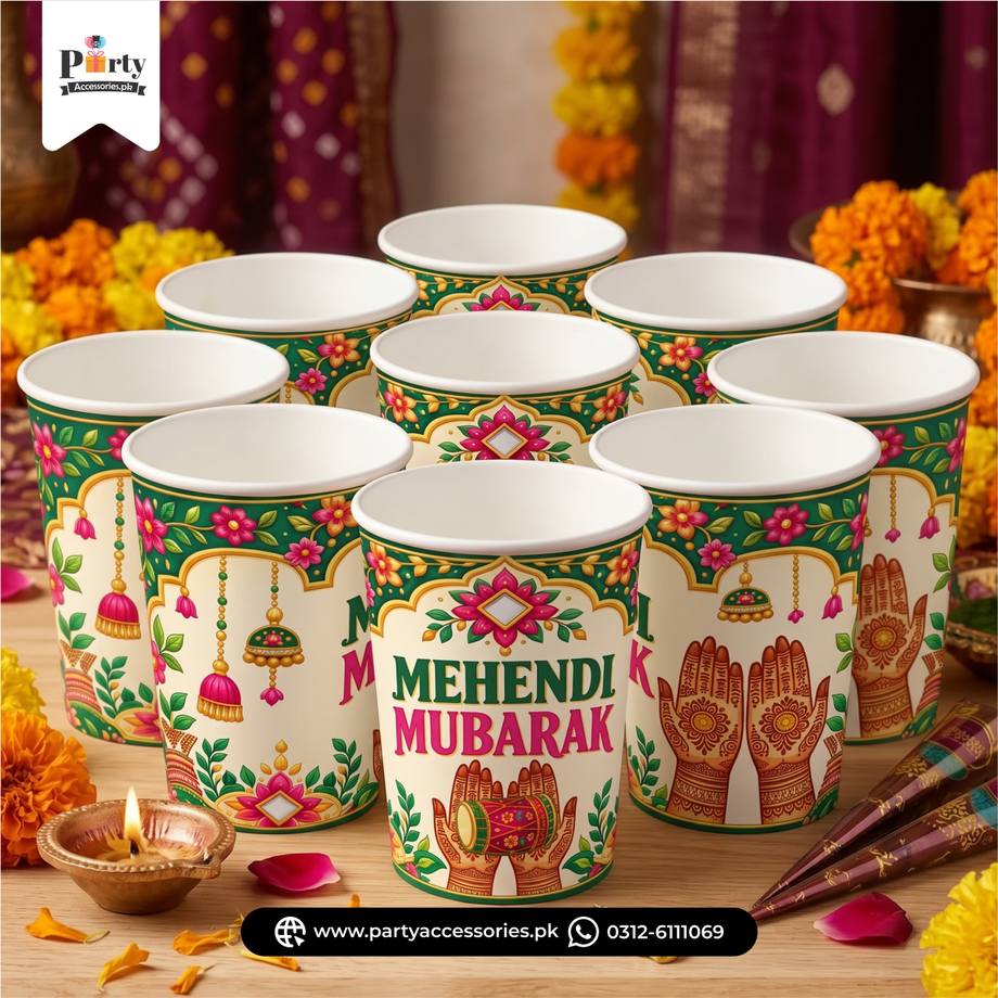 Mehendi Decoration Disposable Cups with Mehendi Design Stickers (Pack of 6)