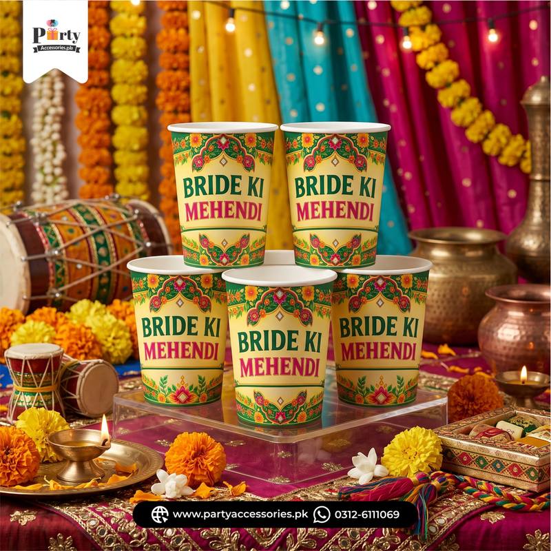 Mehendi Decoration Disposable Cups with Mehendi Design Stickers (Pack of 6)